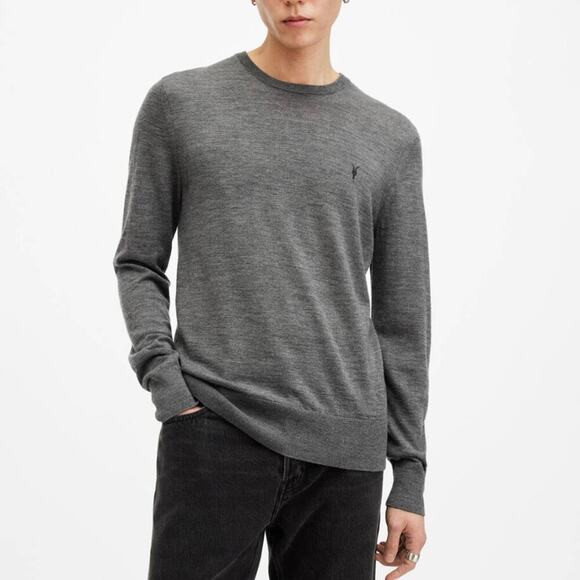 $159 All Saints Gray 100% Merino Wool Knit Crew Neck Ramskull Sweater Mens Large - Picture 3 of 7